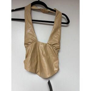 Fashion Nova Halter Top‎ Faux Leather Ruched Sleeveless XS Tan